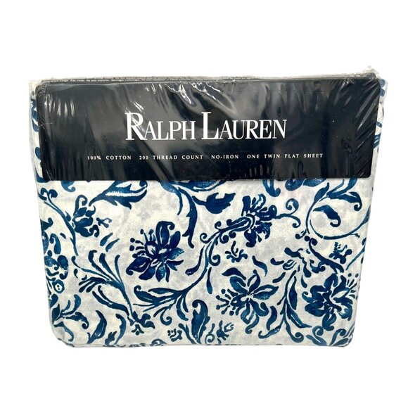 Ralph Lauren Twin Flat Sheet Orleon Floral Blue White 200 Thread Count IRREGULAR